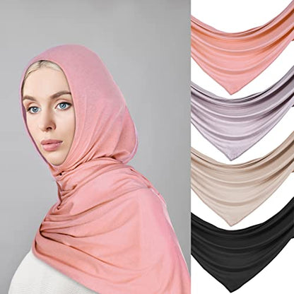 Vabean 4 Pcs Instant Hijab for Women Jersey Hijabs Pinless Ramadan Islamic Muslim Head Wraps Premium Head Scarf Shawl turban - color: Black, Dusty Rose, Vanilla, Gray