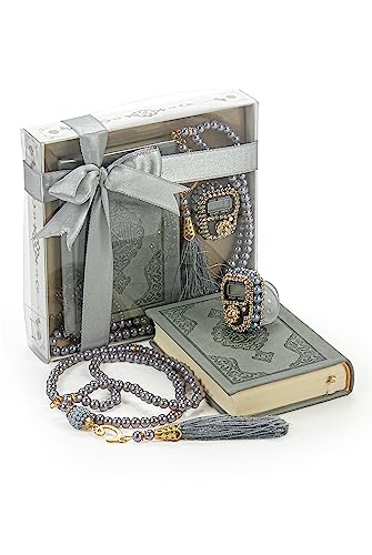 İhvan Online Medina Calligraphy Quran Set with Islamic Finger Counter, Portable Digital Prayer Tasbeeh, Pearl Zikirmatic Beads, 3 Pieces Gift for Ramadan & Eid & Mawlid (Gray) - color: Grey