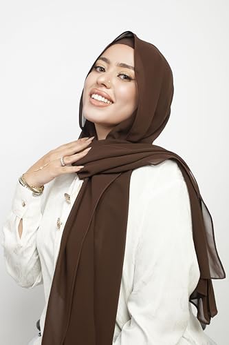 Instant Chiffon Hijab 3-in-1 with Built-in Magnets and Attached Match Undercap, Women Hijabs Set. - color: Brown