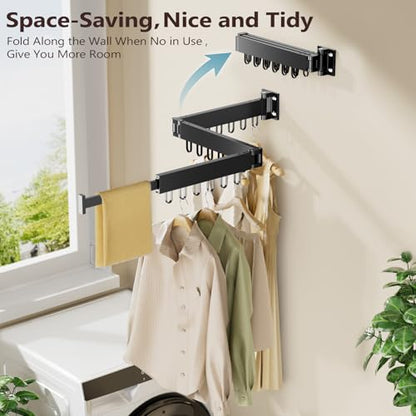 JAUREE Clothes Drying Rack Wall Mounted, Space-Saving Drying Rack Clothing, Collapsible Foldable Retractable Laundry Rack with 18 Hooks, Indoor/Outdoor, Black - color: Black