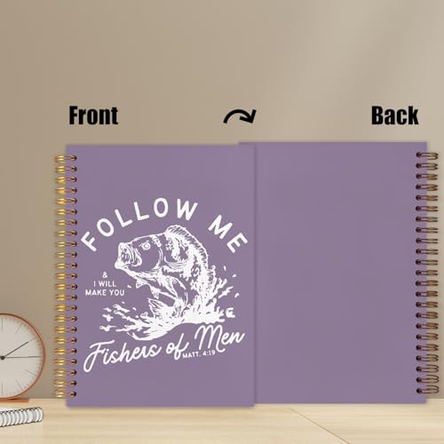 WUCHJ Purple Retro Fish Christian Notebook, Matthew 4:19 Bible Verse Journal, Religious Scripture Spiral Notebook Journal for Note Taking, Christian Faith Based Gifts for Women Men, 5.5x8.3 Inch - color: purple fish follow me