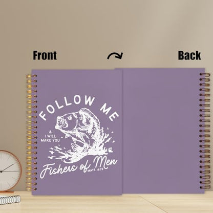 WUCHJ Purple Retro Fish Christian Notebook, Matthew 4:19 Bible Verse Journal, Religious Scripture Spiral Notebook Journal for Note Taking, Christian Faith Based Gifts for Women Men, 5.5x8.3 Inch - color: purple fish follow me