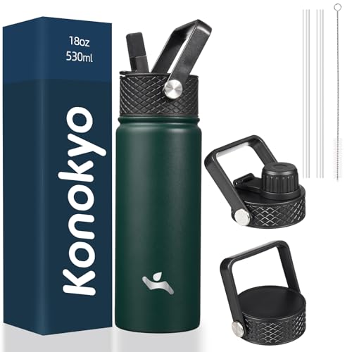 Konokyo 18 oz Insulated Water Bottle Stainless Steel Sport Bottles with 3 Lids,Army Green - color: Army Green, size: 18 Ounces