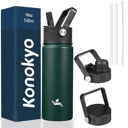 Konokyo 18 oz Insulated Water Bottle Stainless Steel Sport Bottles with 3 Lids,Army Green - color: Army Green, size: 18 Ounces