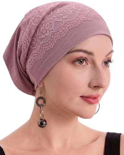 ZLYC Hijab Cap for Muslim Women Soft Stretchy Open-Back Inner Undercap - color: Lace Solid Dusty Pink