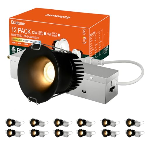2 Inch Anti-Glare Recessed Lighting IP65 Shower Light 5CCT Waterproof LED Downlight with Junction Box, 2700K-5000K Selectable CRI90+, 9W COB, 840LM Dimmable ETL 12Pack Black - color: Black-12P, size: 2 Inch