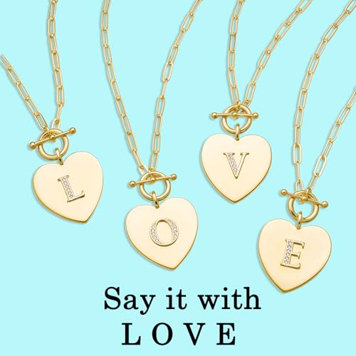 14K Gold Filled Heart Initial Necklace for Women, Dainty Alphabet Pendant Necklace with Paperclip Chain, Hypoallergenic Jewelry Gift for Her - color: Letter N