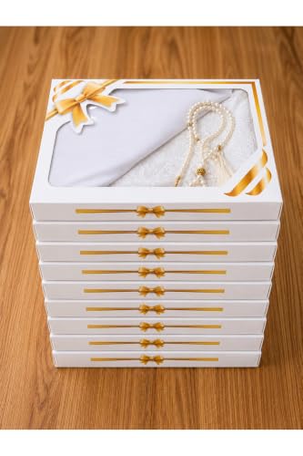 10-Piece Prayer Rug, Headscarf, and Rosary Gift Set - Islamic Hajj Umrah Gift, Dowry Item | White | 27.6 x 43.3 inches | Includes Seccade, Headscarf, Rosary in a Chic Gift Box - White, 28x43 inch