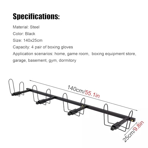 Wall Mounted Display Boxing Glove Holder, Black Powder Coated Storage Rack with Metal Hook, Hold 2/3 / 4/5 Pair of Training Gloves Dryer,140cm/55.1in Long - size: 140cm/55.1in long