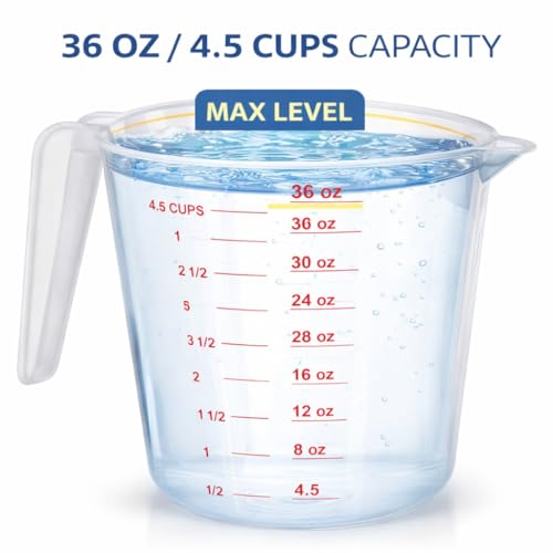 4 Cup Plastic Measuring Cup 32 oz Clear Liquid Measuring Pitcher with Easy Pour Spout and Marked Measurements for Cooking, Baking and Kitchen Use