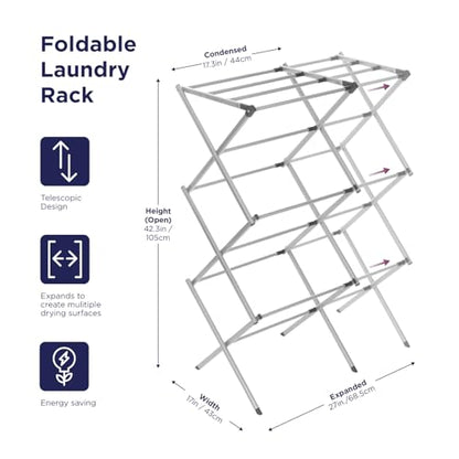 BLACK+DECKER 3 Tier Expandable Collapsing Foldable Laundry Rack for Air Drying Clothing, Space Saving Heavy Duty Lightweight Metal Drying Rack, Grey - color: Gray