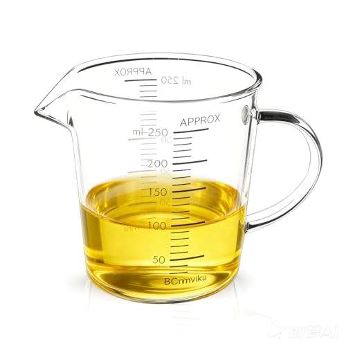 BCnmviku Glass Measuring Cup 250ml 1Cup High Borosilicate [Insulated Handle | V-Shaped Spout]For Prepping Baking and Cooking Preheated Oven Dishwasher Freezer and Microwave Safe - size: 250ml