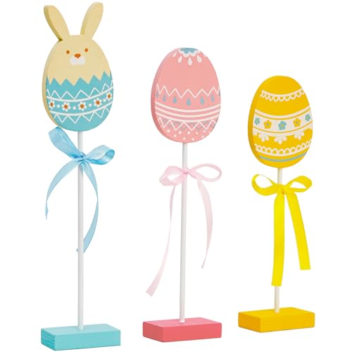 3 Pcs Easter Table Decorations Easter Tiered Tray Decor Set Wooden Eggs Table Sign Colorful Standing Tabletop Centerpiece for Home Farmhouse Party Spring Kitchen Decor - color: Easter