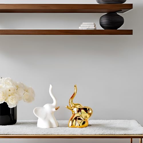 Home Decor Elephant Statues,1 Pair, Small Decorative Accents for Shelves, Livingroom and Bedroom, Gold and White