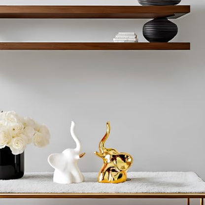 Home Decor Elephant Statues,1 Pair, Small Decorative Accents for Shelves, Livingroom and Bedroom, Gold and White