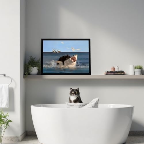 ICHZUMW Framed Funny Black Cat Biting Shark Ocean Canvas Wall Art 16x24 In - color: Black Shark Rider, size: 24"L x 16"W
