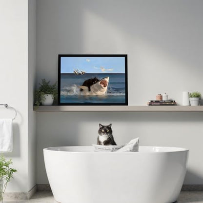 ICHZUMW Framed Funny Black Cat Biting Shark Ocean Canvas Wall Art 16x24 In - color: Black Shark Rider, size: 24"L x 16"W