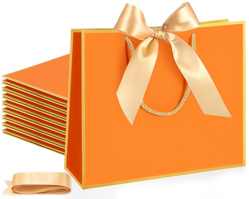 Silkfly 12 Pcs Paper Gift Bags with Handles & Bow Ribbon, Orange, Gold - color: Orange, Gold