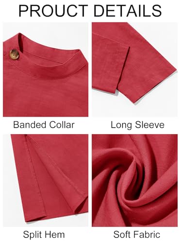 Runcati Mens Kaftan Thobe Button Down Long Sleeve Robe Casual Henley Shirt Cotton Muslim Gown Kurta Tops - color: Burgundy, size: Medium