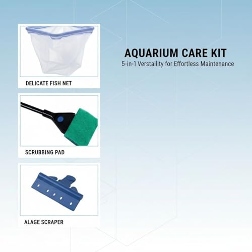 5-in-1 Aquariums Cleaning Kit, Extendable Tool for Fish Tank Maintenance, Includes Algae Scraper, Gravel Rake, Fish Net, Plant Clamp, Aquarium Brush, 16.9 x 4.1 x 1.2 in