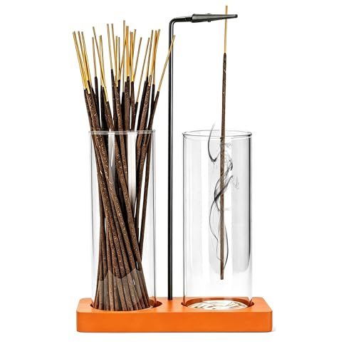 2 in 1 Incense Holder for Sticks Incense Burner Holder with Storage,Glass Upside Down Incense Holder for Sticks with Glass Ash Catcher for Meditation Yoga Spa Room Home Decor[2 Long Orange] - color: Orange, size: 2 tall glass