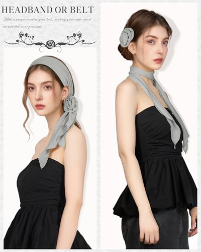 Chiffon Scarf for Women, Removable Flower Neck Scarf Light Soft Fashion Rose Scarves Versatile Headband or Hair Band - color: Light Gray