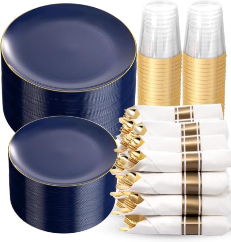 KIRE 350Pcs Blue and Gold Plates -Heavy Duty Navy Blue Dinnerware Set - 100 Plastic Plates 50 Pre Rolled Napkins with Gold Plastic Silverware 50 Cups for Party/Wedding/Birthday - color: Blue