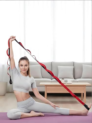 10 Loops Stretching Strap Yoga Strap for Home Workout, Exercise, Pilates and Gymnastics, Non-Elastic Stretch Bands for Women & Men - color: Black+Red
