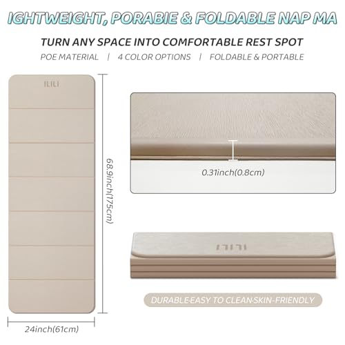ILILI Foldable Yoga Mat 71 * 24 * 0.3 Inch | Lightweight TPE Non Slip Exercise Mat, Waterproof Portable Fitness Mat for Home Gym, Pilates, Stretching & Daily Workouts - color: Beige