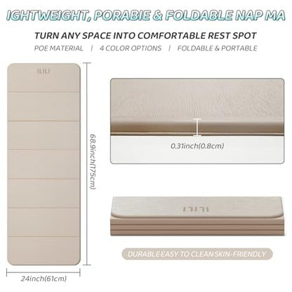 ILILI Foldable Yoga Mat 71 * 24 * 0.3 Inch | Lightweight TPE Non Slip Exercise Mat, Waterproof Portable Fitness Mat for Home Gym, Pilates, Stretching & Daily Workouts - color: Beige
