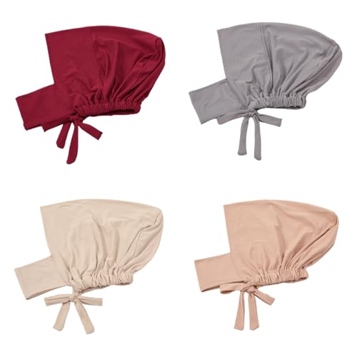 4 Pieces Muslim Hijab Inner Cap Cover Chin with Tie Back Stretchy Islamic Underscarf Underwrap Bonnet Turban Hat - color: Grey Beige Pink Wine