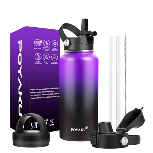 Water Bottle Insulated 32oz 40oz 64oz 128oz Straw Lid Spout Lid & 3 Lids, Leak Proof, Vacuum Insulated,Stainless Steel Water Bottle Wide Mouth for Sports, Gym or Office - color: Purple Black, size: 32 Ounces