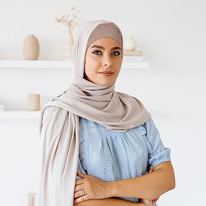 PHOGARY 4 Pcs Women Hijab Undercap, Islamic Muslim Under Hijab Cap Inner Under Scarf Hat Turban with Tie Back Closure - color: Wine, Camel, Khaki, Light Khaki
