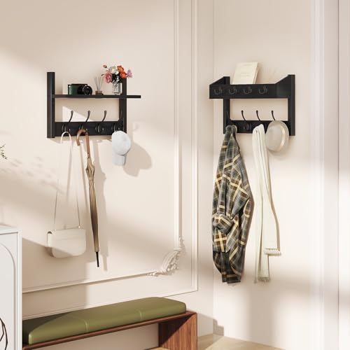 YMYNY 31.5" Coat Rack Wall Mount with Shelf, 4 in 1 Key and Coat Hanger with 12 Metal Hooks, Wall Shelf with Hooks & Mail Holder for Living Room, Bedroom, Black, HWS007B-2 - color: Black, size: 31.5" - 4-in-1