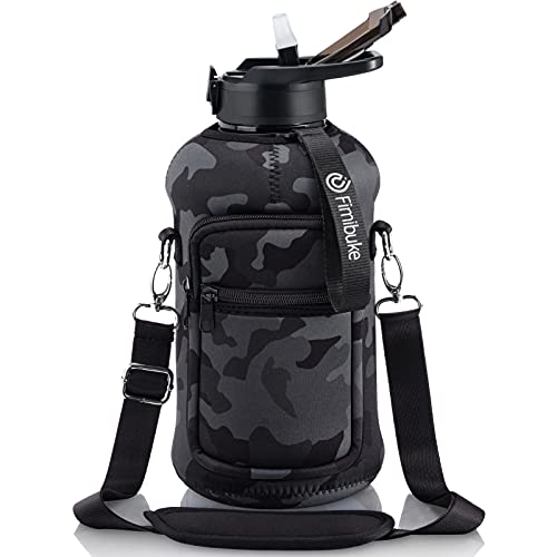 Fimibuke Half Gallon Water Bottle with Sleeve 64 OZ Water Bottle with Handle & Straw Leakproof Motivational Sports Gym Water Bottle with Time Marker BPA Free Water Jug with Reusable Neoprene Holder - color: Black, Grey