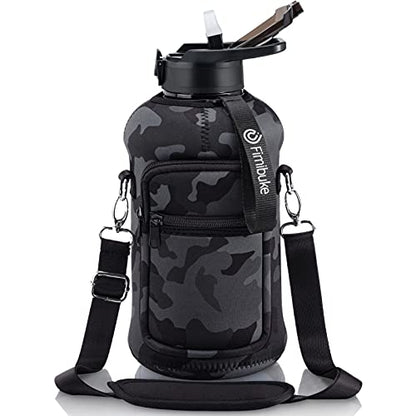 Fimibuke Half Gallon Water Bottle with Sleeve 64 OZ Water Bottle with Handle & Straw Leakproof Motivational Sports Gym Water Bottle with Time Marker BPA Free Water Jug with Reusable Neoprene Holder - color: Black, Grey