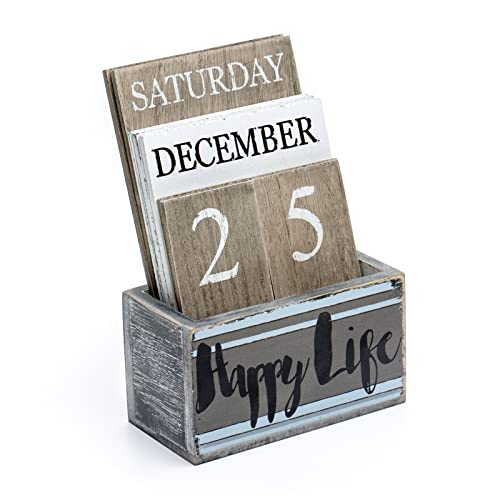Notakia Perpetual Calendar Wooden Calendar Blocks Vintage Wood Block Calendar for Home Office Desk Accessories Week Month Date Display (Happy Life) - color: Happy Life