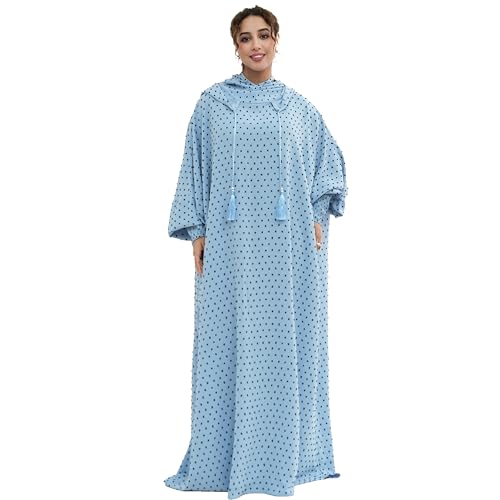 Polka Dot Abaya| Hooded Abaya for Muslim Women| 1pc Hoody Dress| Maxi Dress - color: Light Blue, size: Size 1
