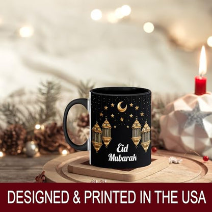 Eid Mubarak Mug, Islamic Coffee Mug, Crescent Moon and Lanterns Cup, Muslim Holiday Gift, Eid Celebration Drinkware, Elegant Gold Lantern Design, Ceramic Tea Cup for Home and Office