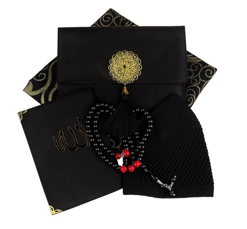 Islamic Prayer Gift Set for Men – Velvet Prayer Mat, Tasbih Beads, Yaseen Book – Muslim Prayer Essentials – Ramadan Eid Gift - color: Black