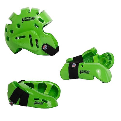 Proforce Lightning Martial Arts Protective Sparring Gear Bundle - Headgear, Gloves, Ultra Kicks (Green, Large)