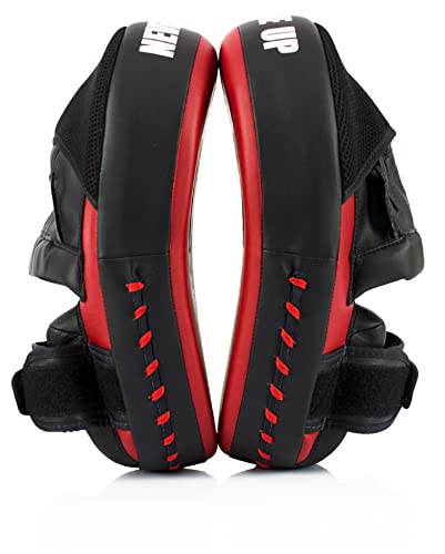 Fairtex FMV13 Maximized Focus Mitts, Muay Thai Kickboxing MMA Punching Pads | Premium Syntek leather shell with multi-layer foam. Curved shape with hook-and-loop wrist strap absorbs trainer strike impact - color: Red/Black
