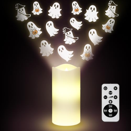 Baquler Halloween Projector Candle Ghost Projector Light Halloween Indoor Decoration Spooky Scary LED Flameless Candle Battery Operated Night Light with Remote Timer Bedroom Home Decor Party Gift - style: Ghost