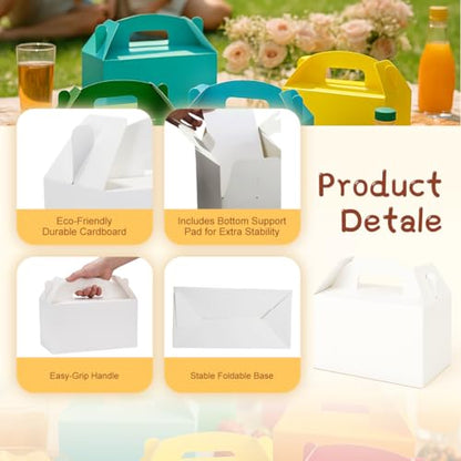 Papertide White Gable Box with Handles, 30 Pack 9.45×5×5 inch Sturdy Colorful Cardstock treat Boxes for Christmas Birthday Party Favors, Premium Presentation Boxes with Lids - color: White