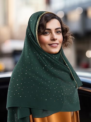 Geyoga Hijab Scarf for Women Soft Chiffon Rhinestone Long Scarf Shawl Fashion Muslim Hijab Head Wrap Scarves - color: Dark Green