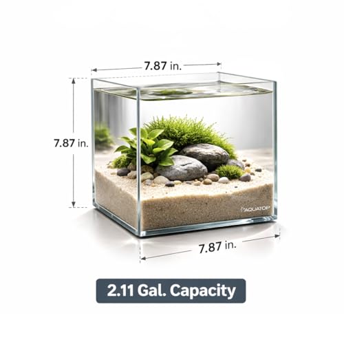 Aquatop High Clarity Low Iron Glass Cube Aquarium, 2.11-Gal – 5mm Thick Glass – Slim Design – Fresh & Saltwater – Desktop Tank with Silicone Sealing - size: 2.1 Gal
