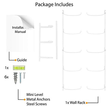 Wallniture Guru Yoga Mat Holder Wall Mount with 3 Hooks for Hanging Yoga Strap, Resistance Bands, 5-Sectional Metal - color: White, size: 31.5'' H | 5 Sectional