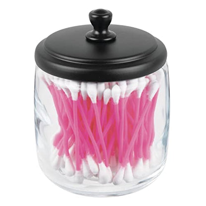 mDesign Small Apothecary Organizer Canister Jars - Glass Containers with Steel Lid for Bathroom, Organization Holder for Vanity, Counter, Hamill Collection - 2 Pack - Clear/Black