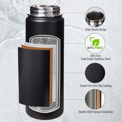 Fijinhom Insulated Water Bottle with Handle, 304 Stainless Steel Water Bottles with Wide Mouth, Double Wall Vacuum Sports Water Bottle, BPA Free, Keep Cold and Hot, 24 Ounces, Black | with Handle - color: Black, size: 24 Ounces