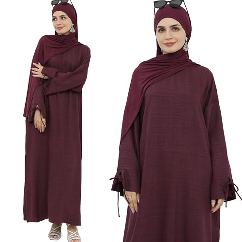 Women 1PC Abaya Dress Simple Kaftan Eid Dress for Women Muslim Casual Robe Fashion Jilbab Dubai Travel Outfits - color: Wine, size: X-Large